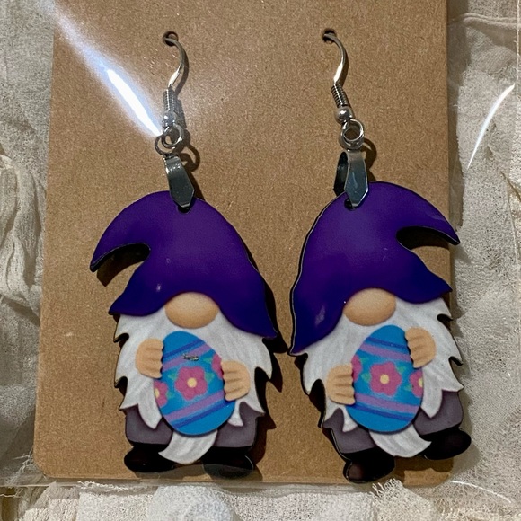 New Handmade Gnome Easter Earrings MDF Wood - Picture 1 of 1